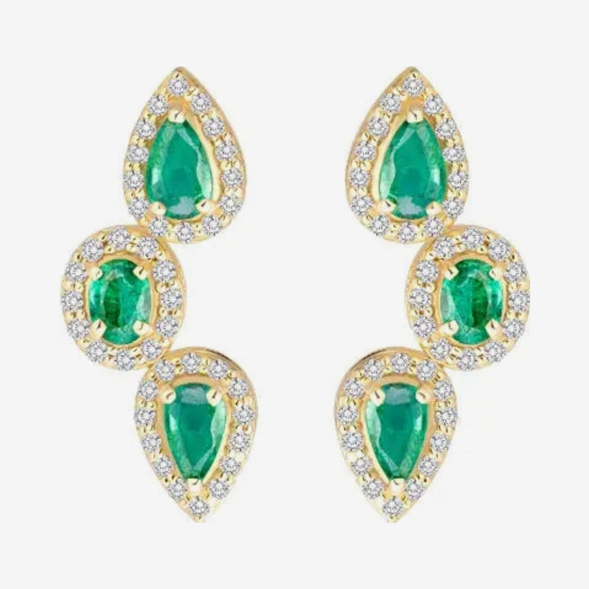 Three Pear Gemstone and Diamond Drop Earrings in 14K Yellow Gold with Emerald, gray background | JJ Jewelry Miami