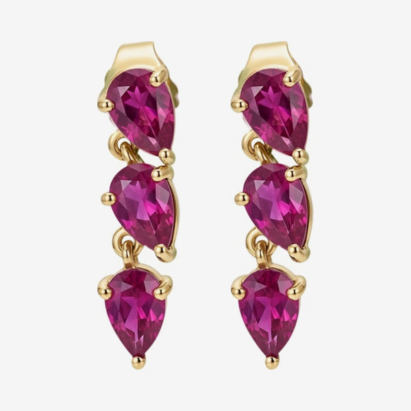 Three Pear Gemstone Dancing Earrings in 14K Yellow Gold with Ruby, gray background | JJ Jewelry Miami