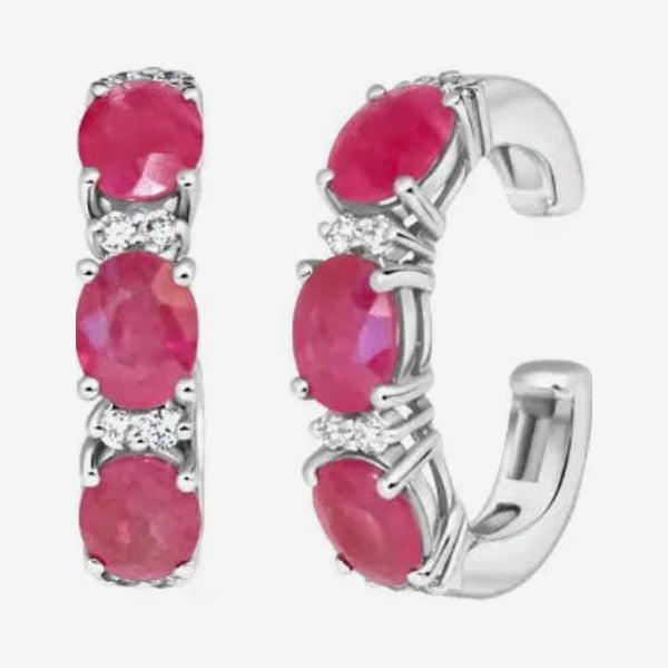 Three-Stone Gemstone and Diamond Ear Cuff in 18K White Gold with Ruby, gray background | JJ Jewelry Miami