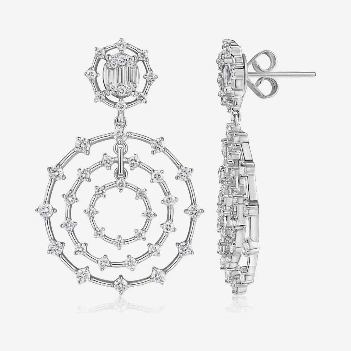 Triple Circle Diamond Earrings in 18K White Gold, gray background | JJ Jewelry Miami