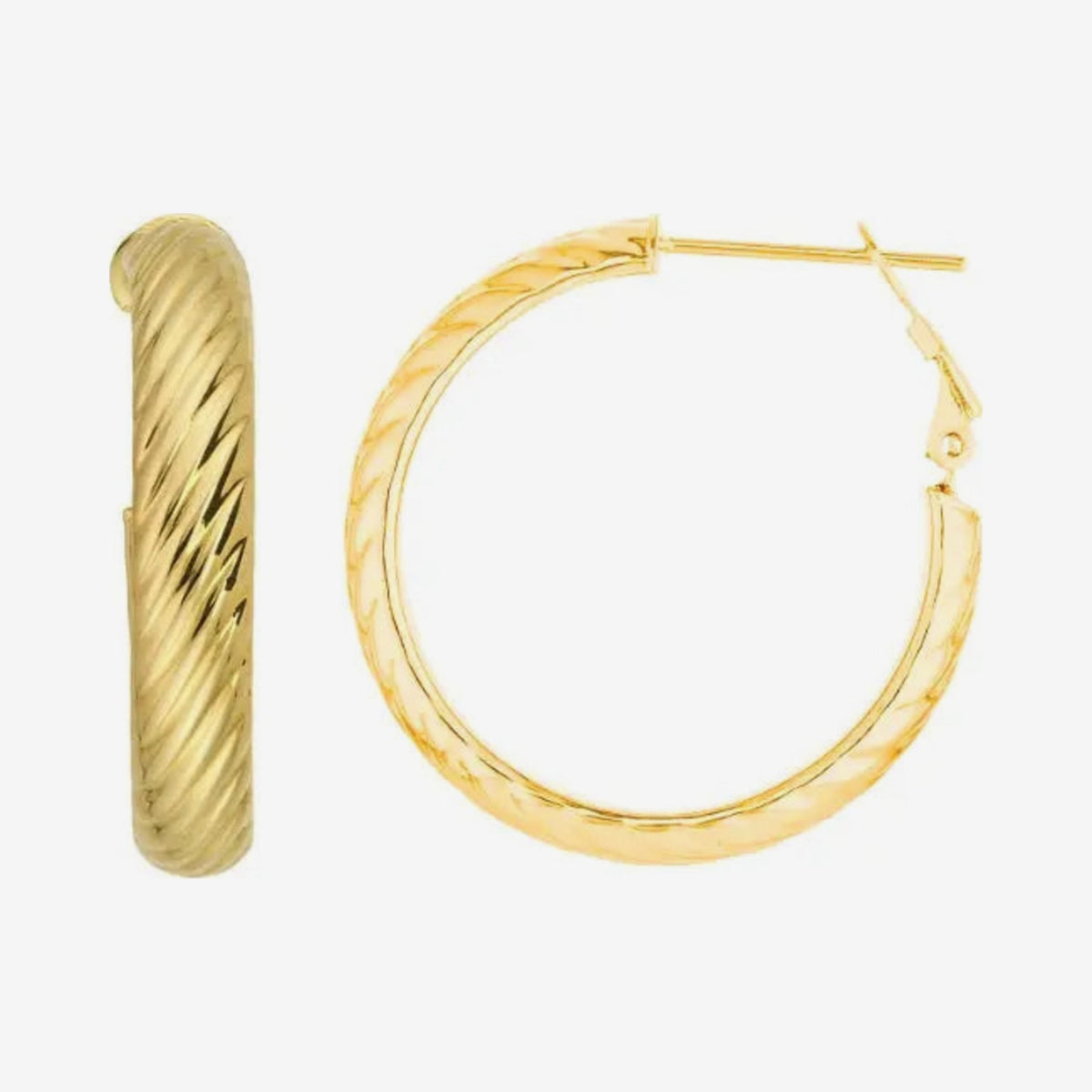 Twisted Hoop Earrings in 14K Yellow Gold, gray background | JJ Jewelry Miami