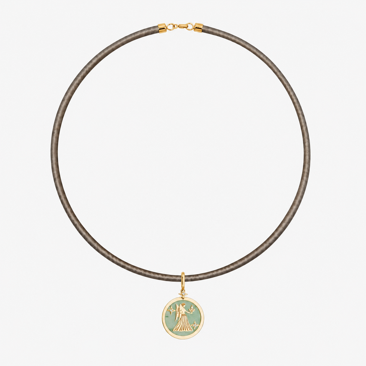Virgo Zodiac Pendant in 18K Yellow Gold with Green Quartz & Diamonds, styled on a taupe cord choker | JJ Jewelry Miami