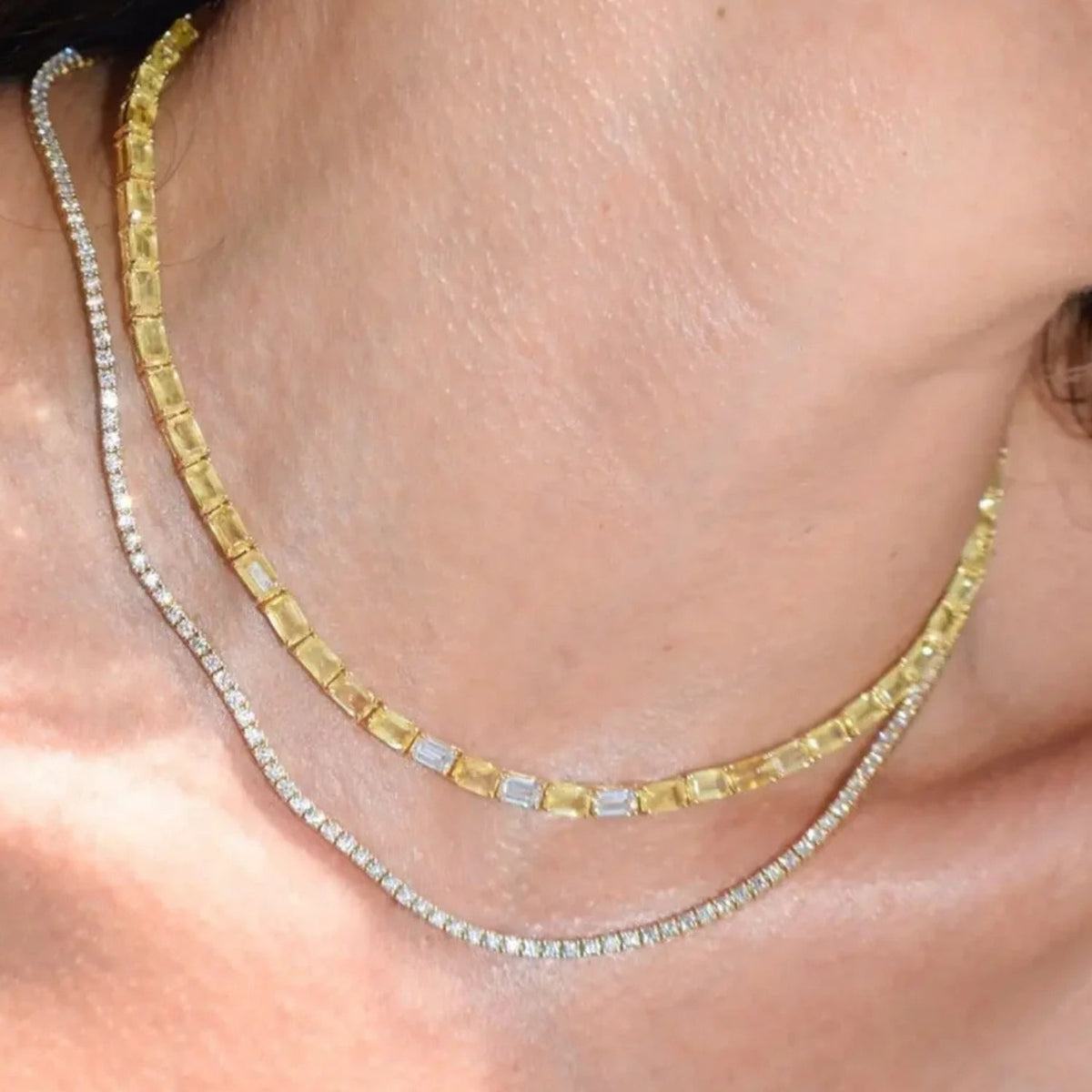 Yellow Sapphire and Diamond Tennis Necklace in 18K Yellow Gold, view 3 | JJ Jewelry Miami
