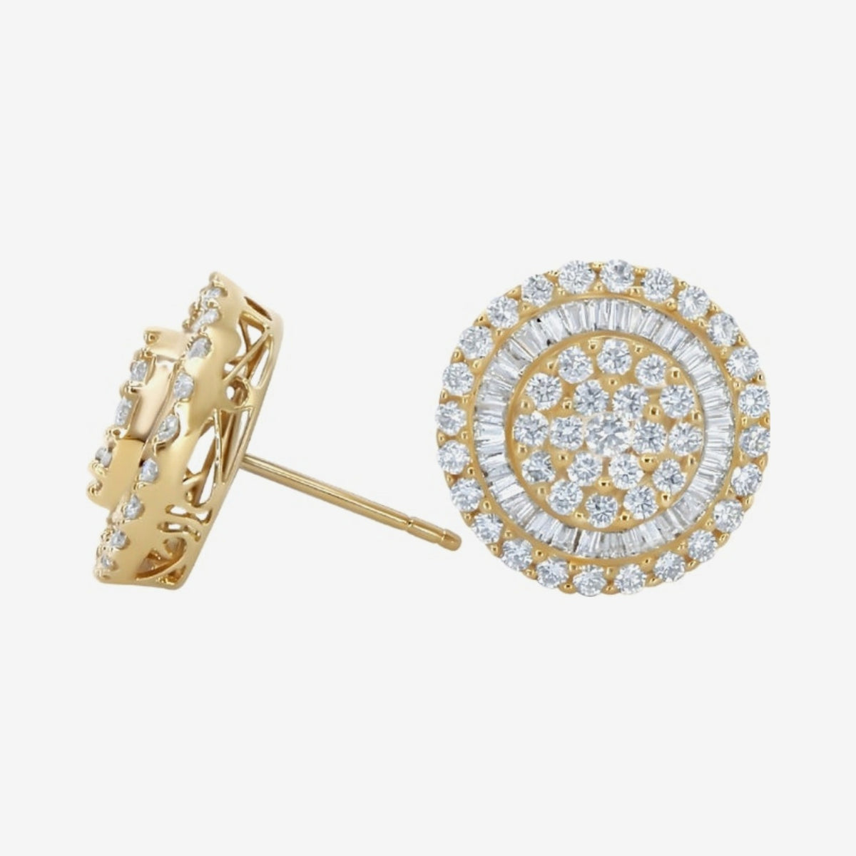 14mm Diamond Cluster Stud Earrings in 18K Yellow Gold, view 2, gray background | JJ Jewelry Miami