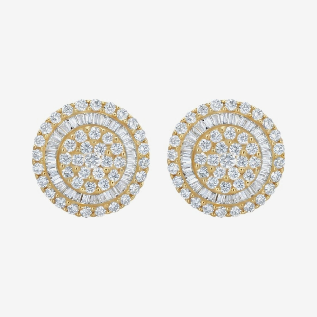 14mm Diamond Cluster Stud Earrings in 18K Yellow Gold, gray background | JJ Jewelry Miami