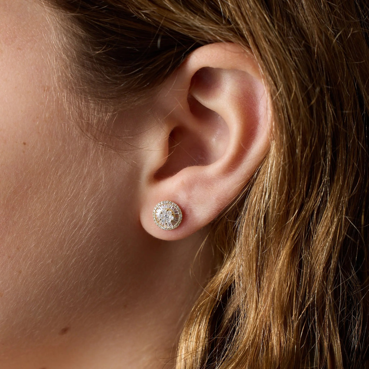8.5mm Diamond Cluster Stud Earrings, on ear | JJ Jewelry Miami