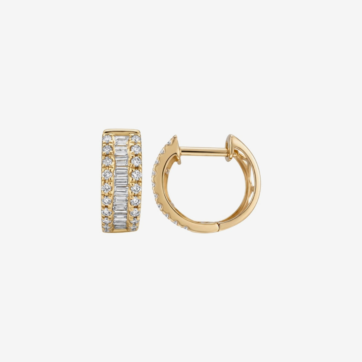 Baguette Diamond Hoop Earrings, view 4, gray background | JJ Jewelry Miami