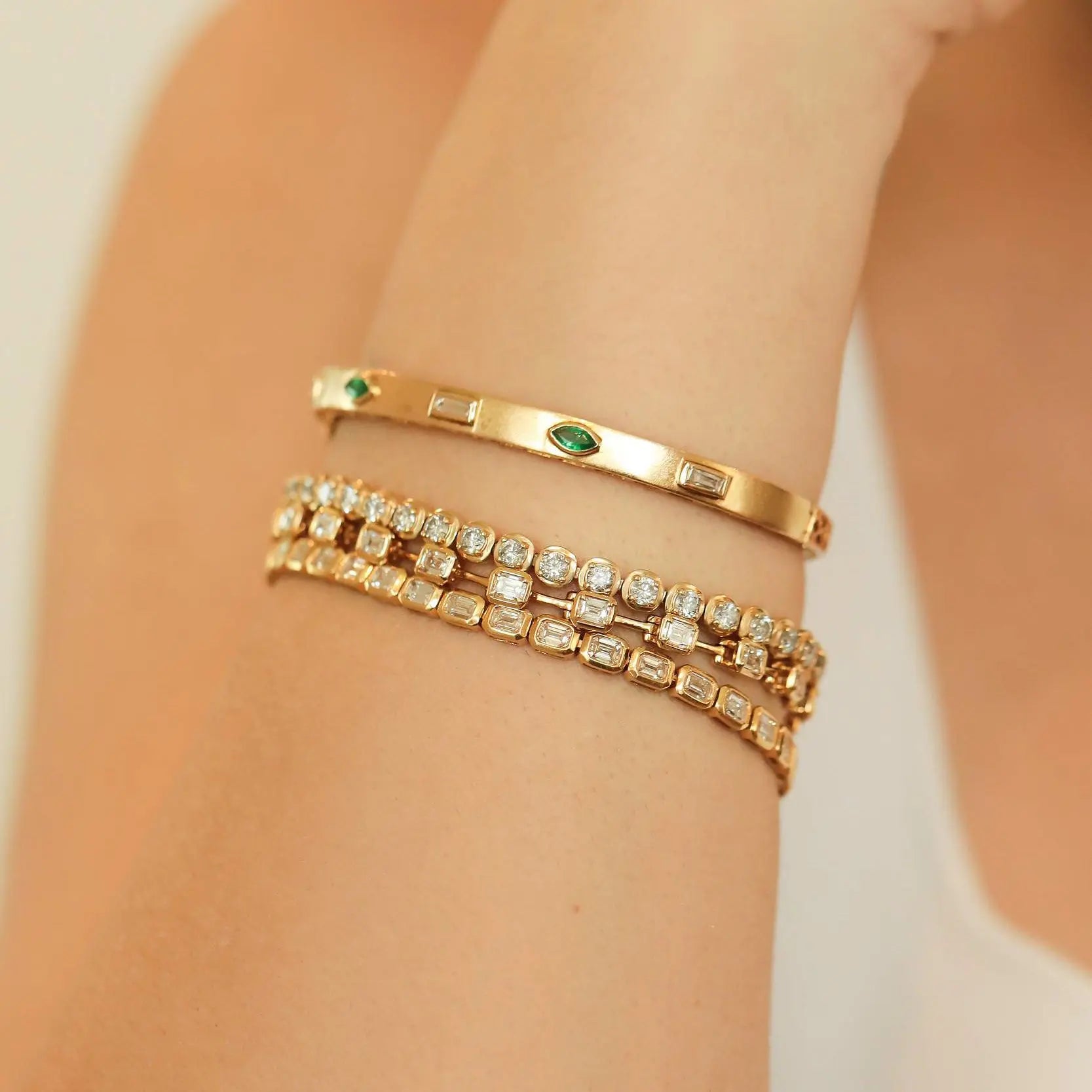 14K gold emerald and diamond bangle bracelet mixed shapes design