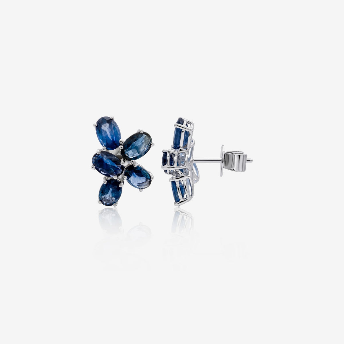 Blue Sapphire Flower Cluster Earrings in 18K White Gold | JJ Jewelry Miami