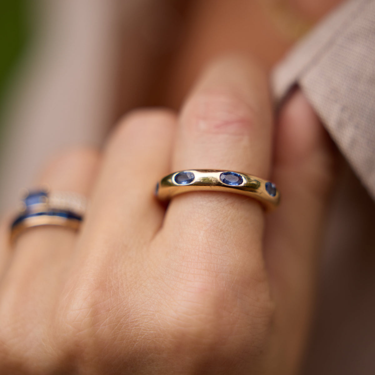Blue Sapphire Flush-Set Dome Ring in 14K Yellow Gold, view 4 | JJ Jewelry Miami