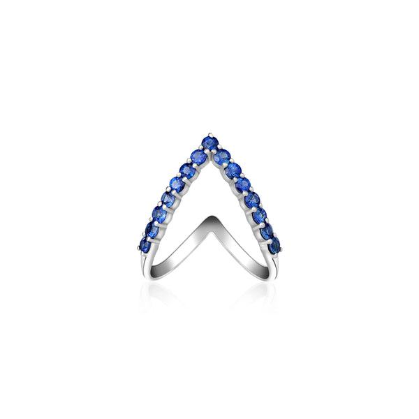 Blue Sapphire V-Shaped Stackable Ring in 18K White Gold | JJ Jewelry Miami