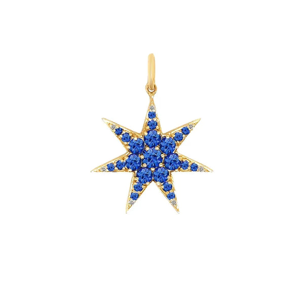 Blue Sapphire and Diamond Star Pendant in 14K Yellow Gold | JJ Jewelry