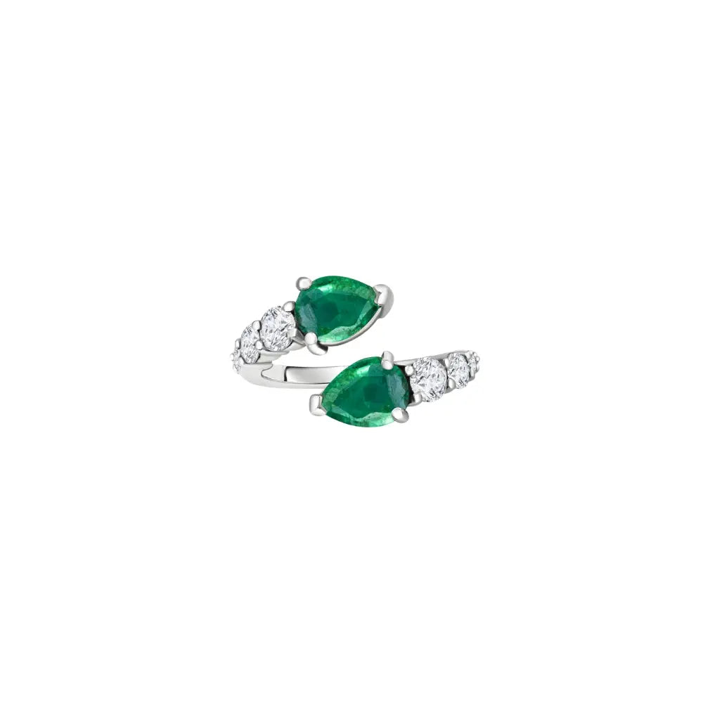 Bypass emerald and diamond ring in 18K white gold by JJ Jewelry