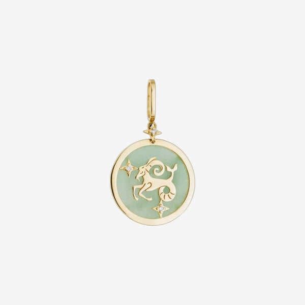 Capricorn Zodiac Pendant with Green Quartz & Diamonds in 18K Yellow Gold, view 2 | JJ Jewelry Miami