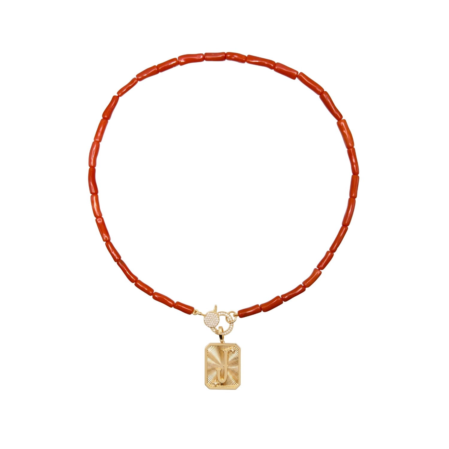 Coral Tube and Diamond Necklace in 14K Yellow Gold