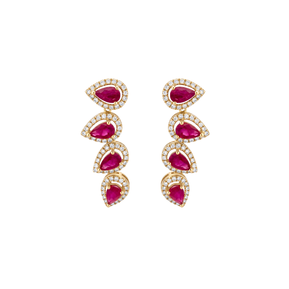 Dancing ruby and diamond pear drop earrings in 18K yellow gold | JJ Jewelry