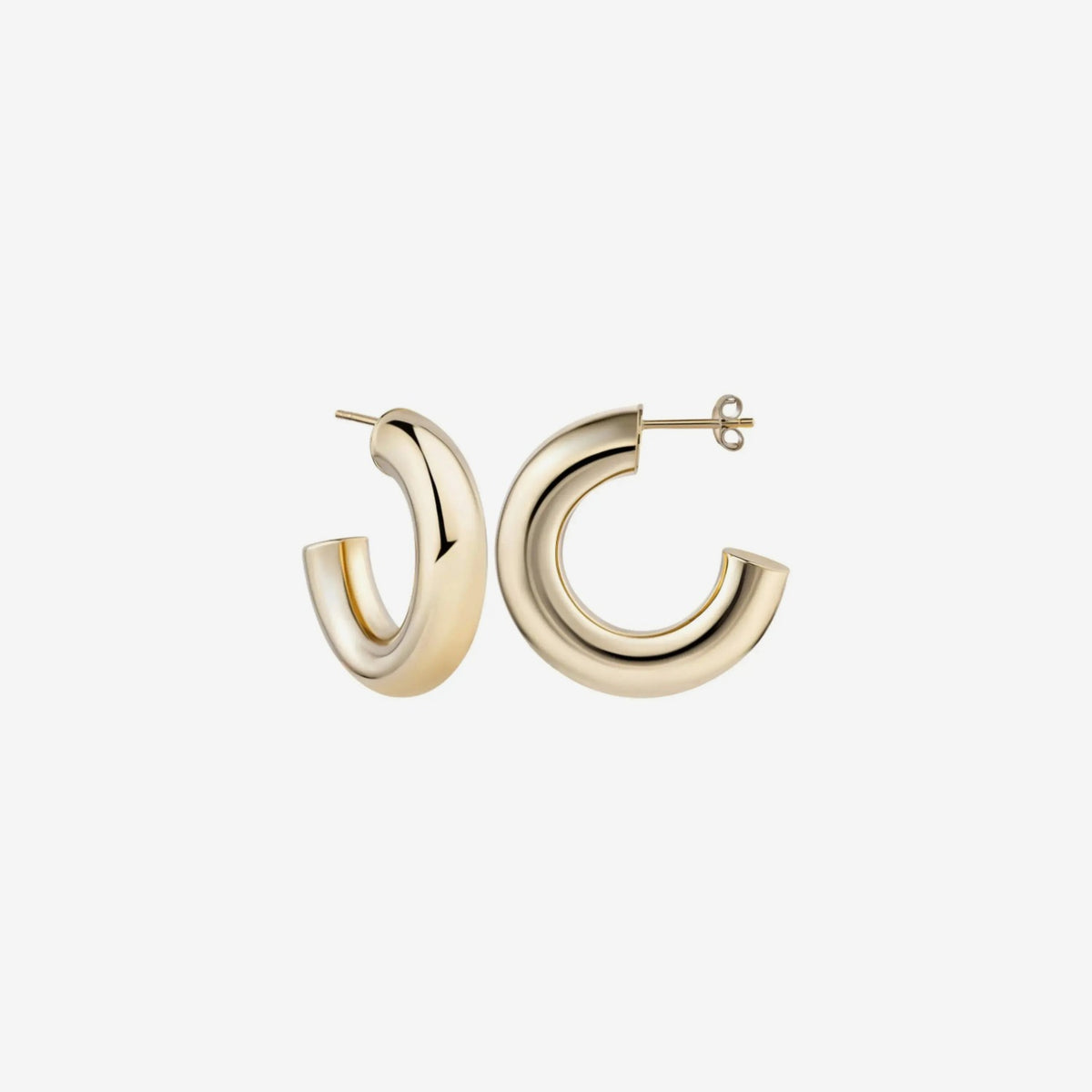 Domed Hoop Earrings in 14K Yellow Gold, view 2, gray background | JJ Jewelry Miami