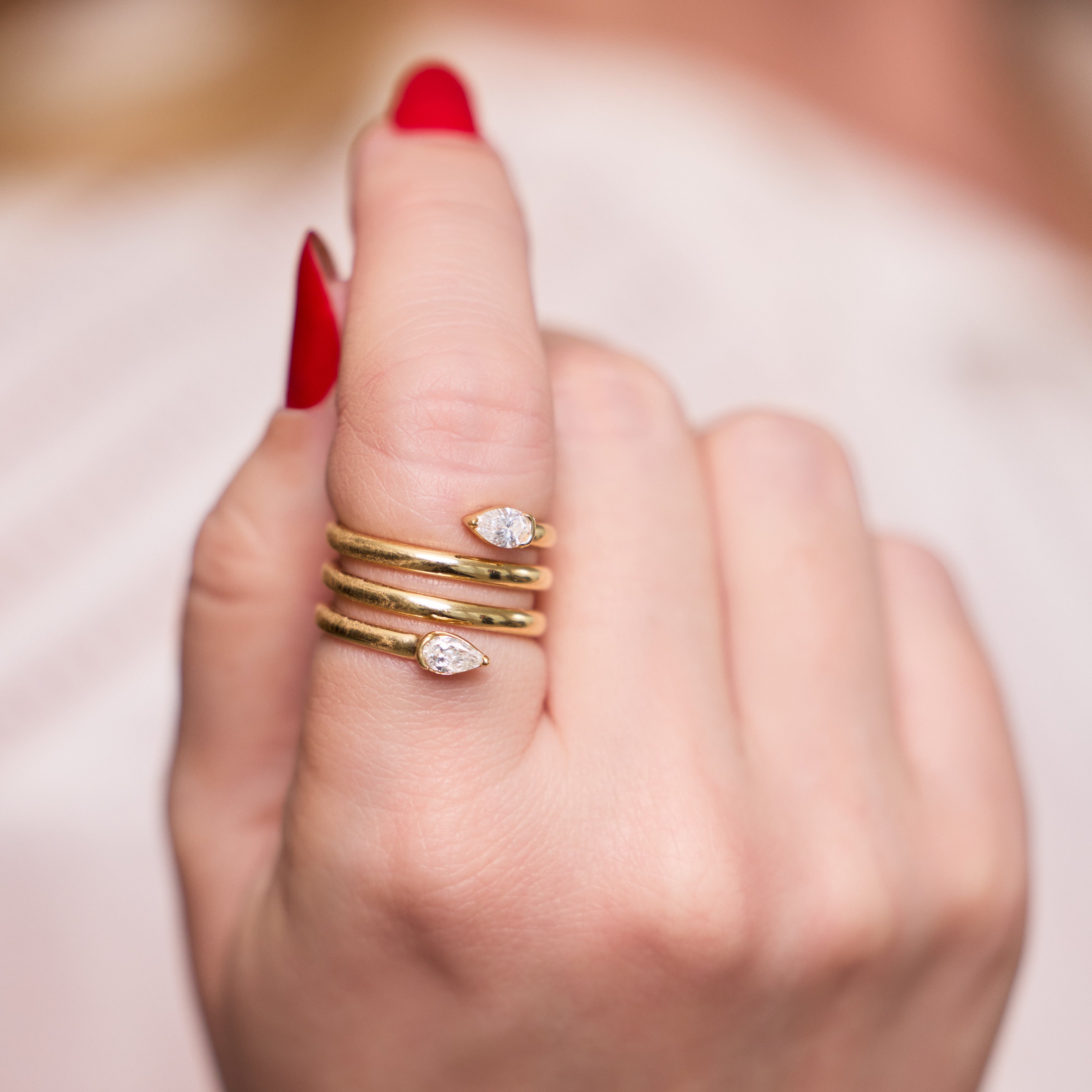 Double Pear Diamond Spiral Ring 18K Yellow Gold | JJ Jewelry Miami