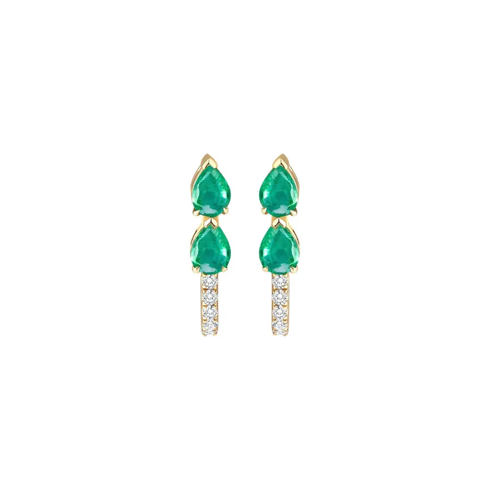 Double pear emerald and diamond drop earrings in 18K yellow gold by JJ Jewelry