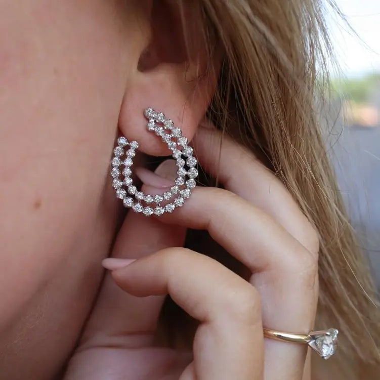 Double Row Diamond Garland Drop Earrings in 14K White Gold, on ear | JJ Jewelry Miami