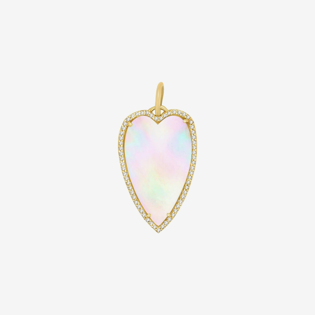 Elongated Mother-of-Pearl Heart Pendant with Diamonds in 14K Yellow Gold, view 2 | JJ Jewelry Miami