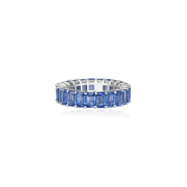 Emerald-Cut Blue Sapphire Eternity Ring 18K White Gold | JJ Jewelry Miami