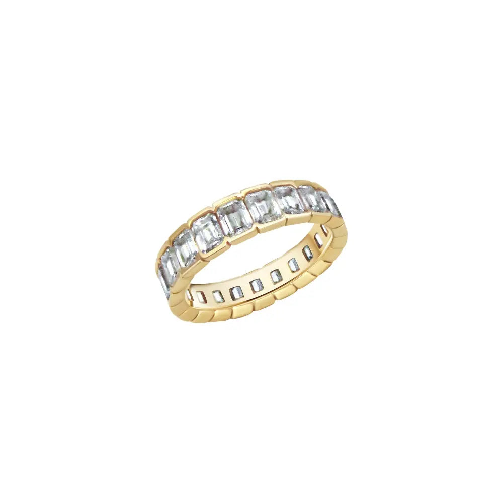 Emerald Cut Diamond Eternity Ring in 18K Yellow Gold | JJ Jewelry Miami