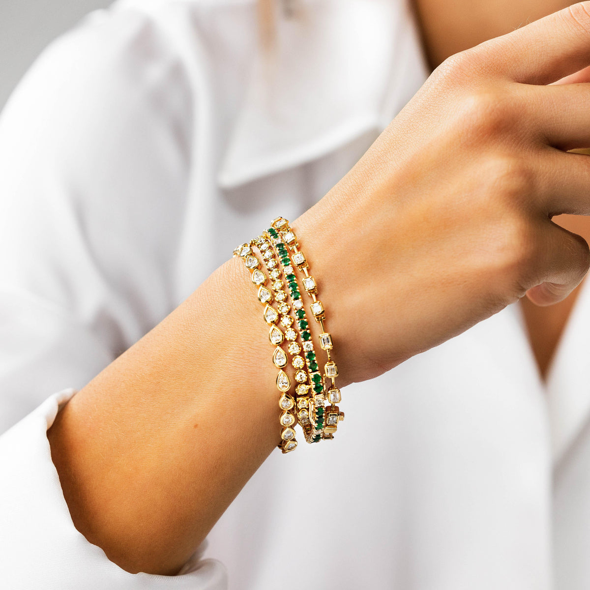 Emerald-Cut Diamond Spaced Bracelet in Yellow Gold, lifestyle view 3 | JJ Jewelry