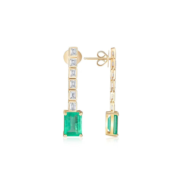 Emerald & Baguette Diamond Bezel Drop Earrings | 18K Gold | JJ Jewelry Miami