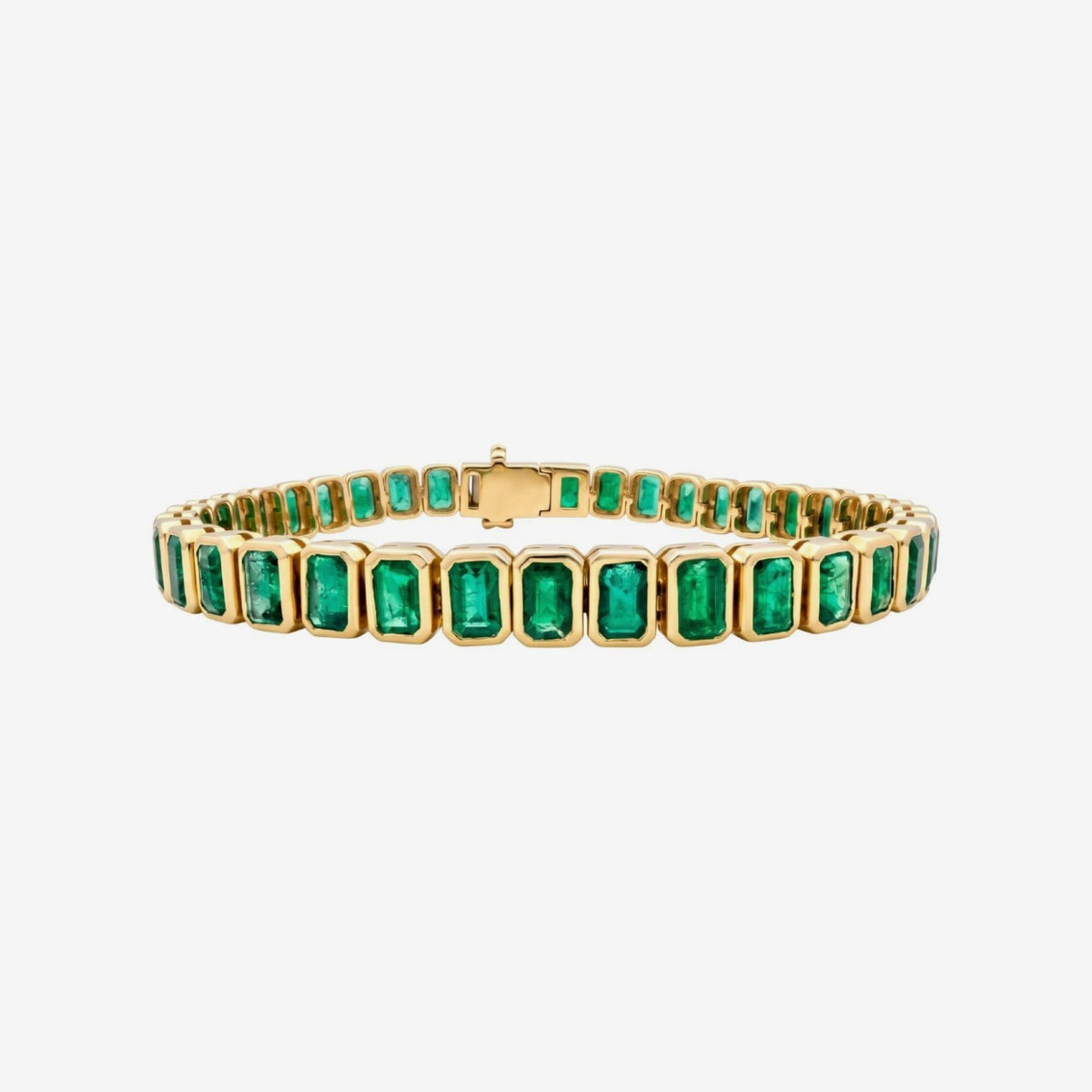 Emerald-Cut Emerald Bezel Tennis Bracelet in Yellow Gold | JJ Jewelry