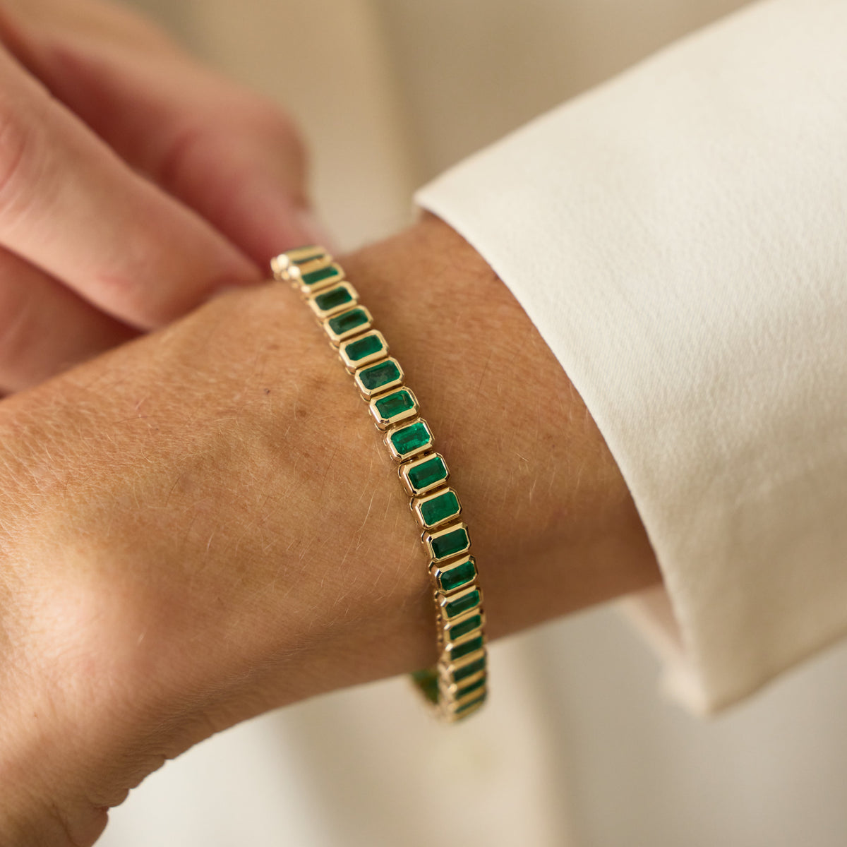 Emerald-Cut Emerald Bezel Tennis Bracelet in 14K Yellow Gold
