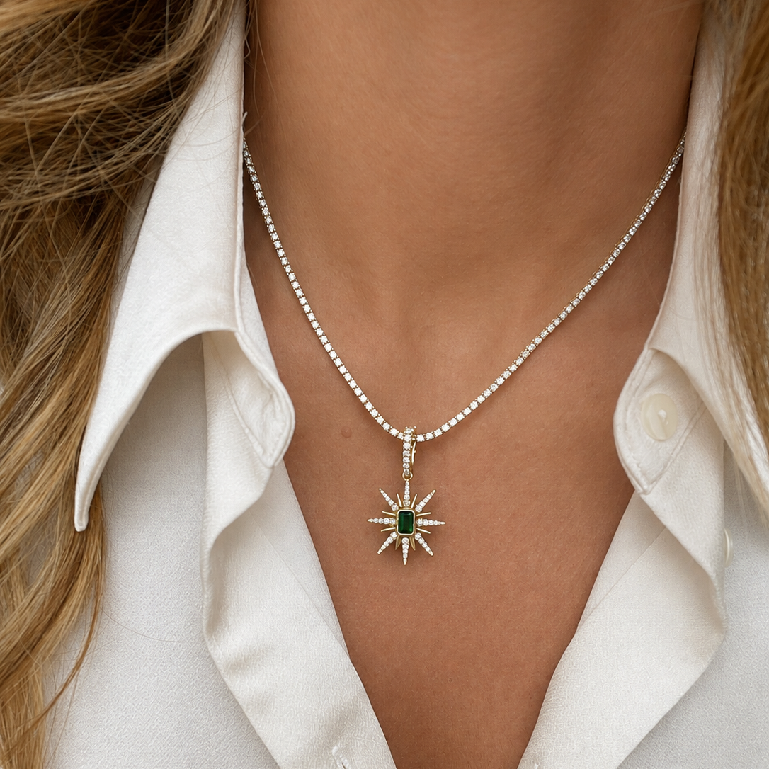 Emerald-Cut Emerald Starburst Diamond Pendant in 18K Yellow Gold