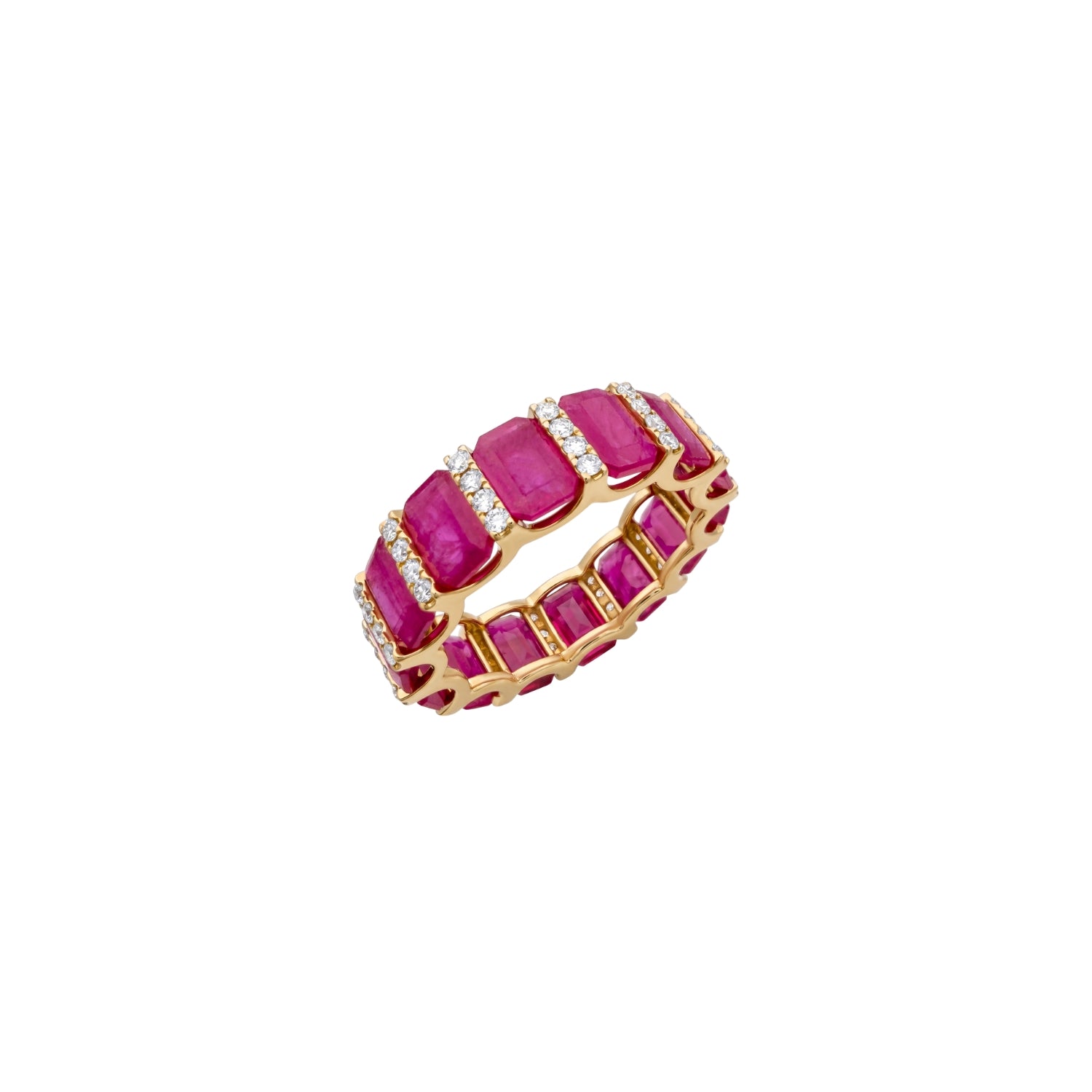 Emerald-Cut Ruby and Diamond Eternity Band in 18K Yellow Gold