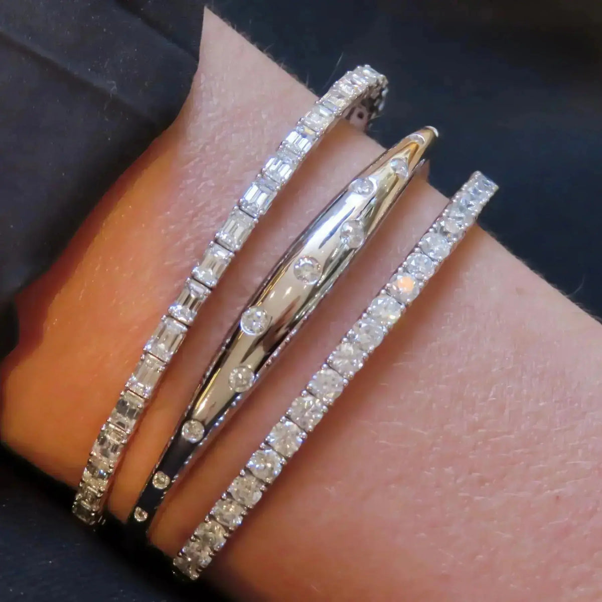 Emerald-Cut and Round Diamond Bangle in White Gold, lifestyle view 1 | JJ Jewelry
