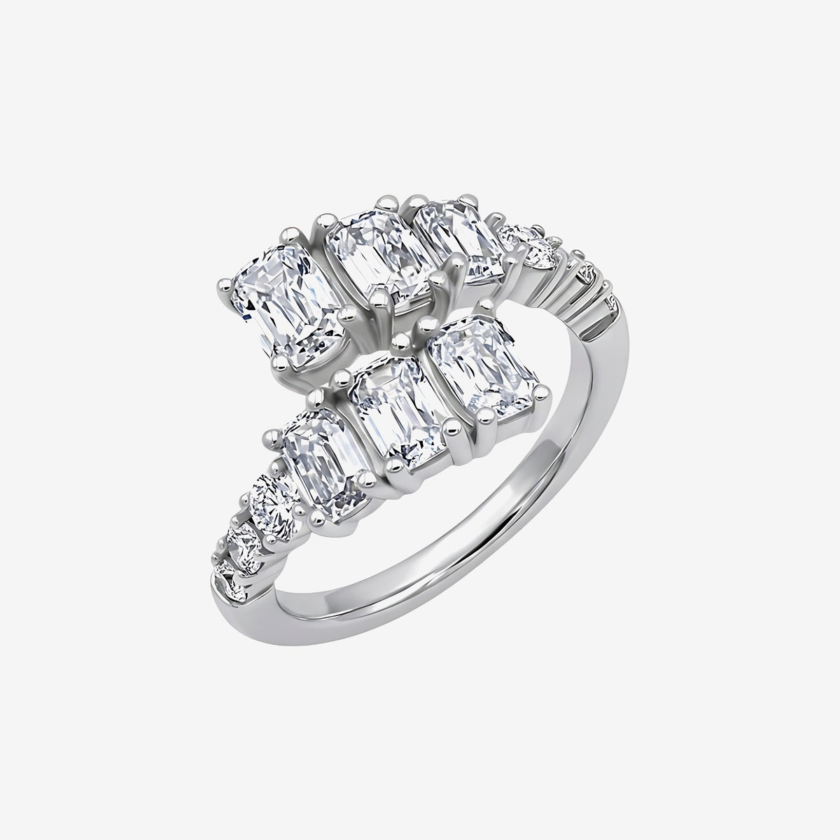 Emerald-Cut and Round Diamond Bypass Ring in 18K White Gold | JJ Jewelry