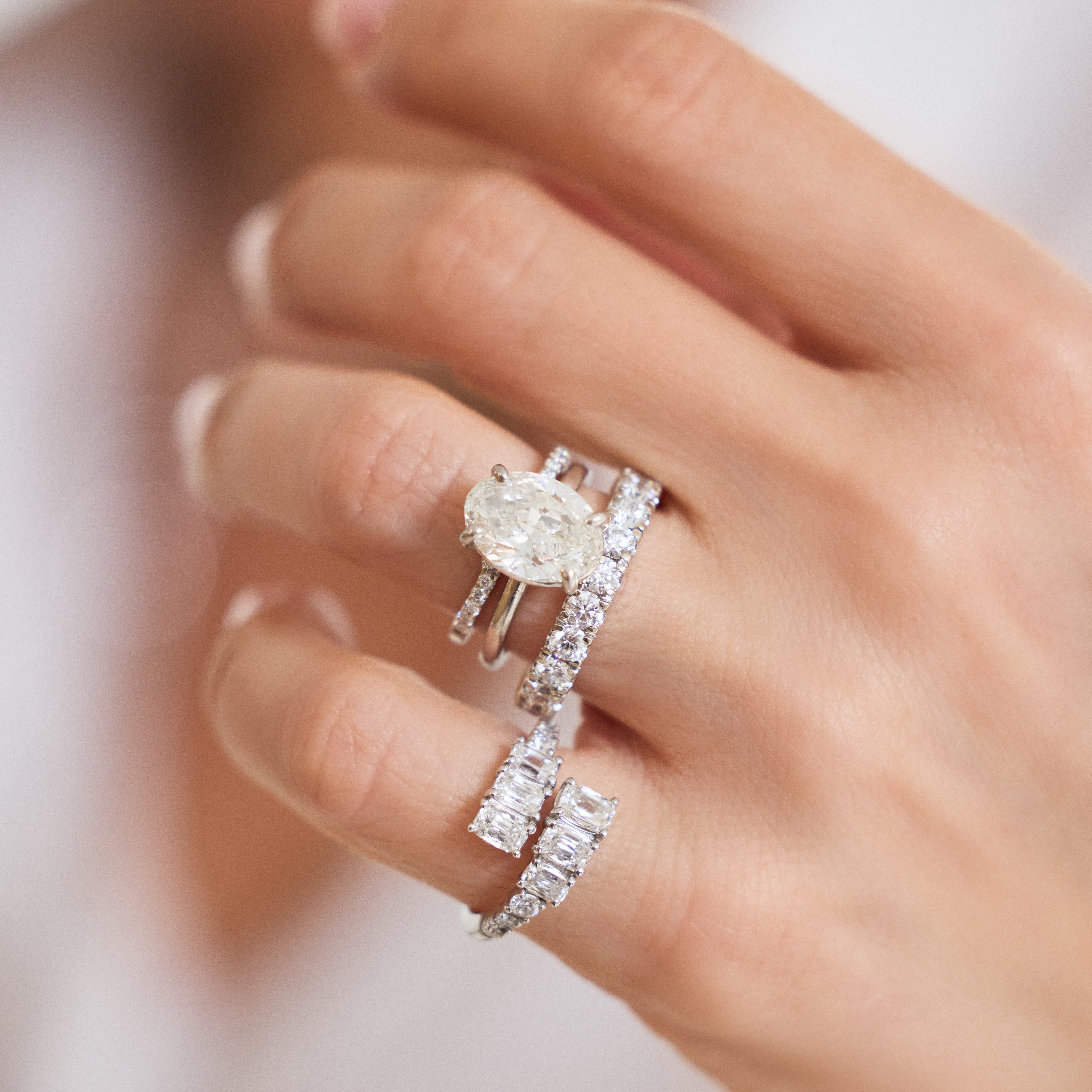 Emerald-Cut and Round Diamond Bypass Ring in 18K White Gold