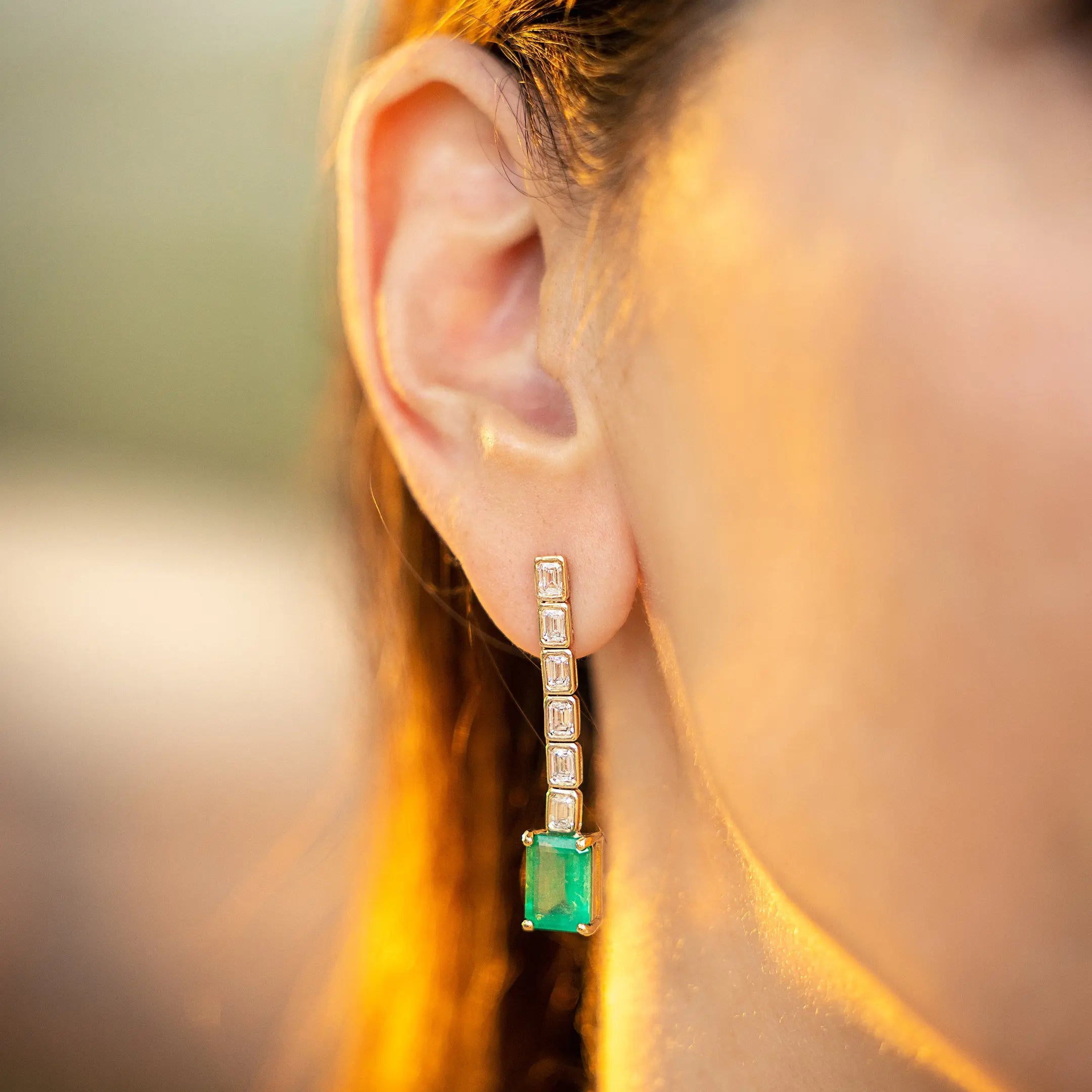 Emerald & Diamond Bezel Earrings-Princess Jewelry Shop