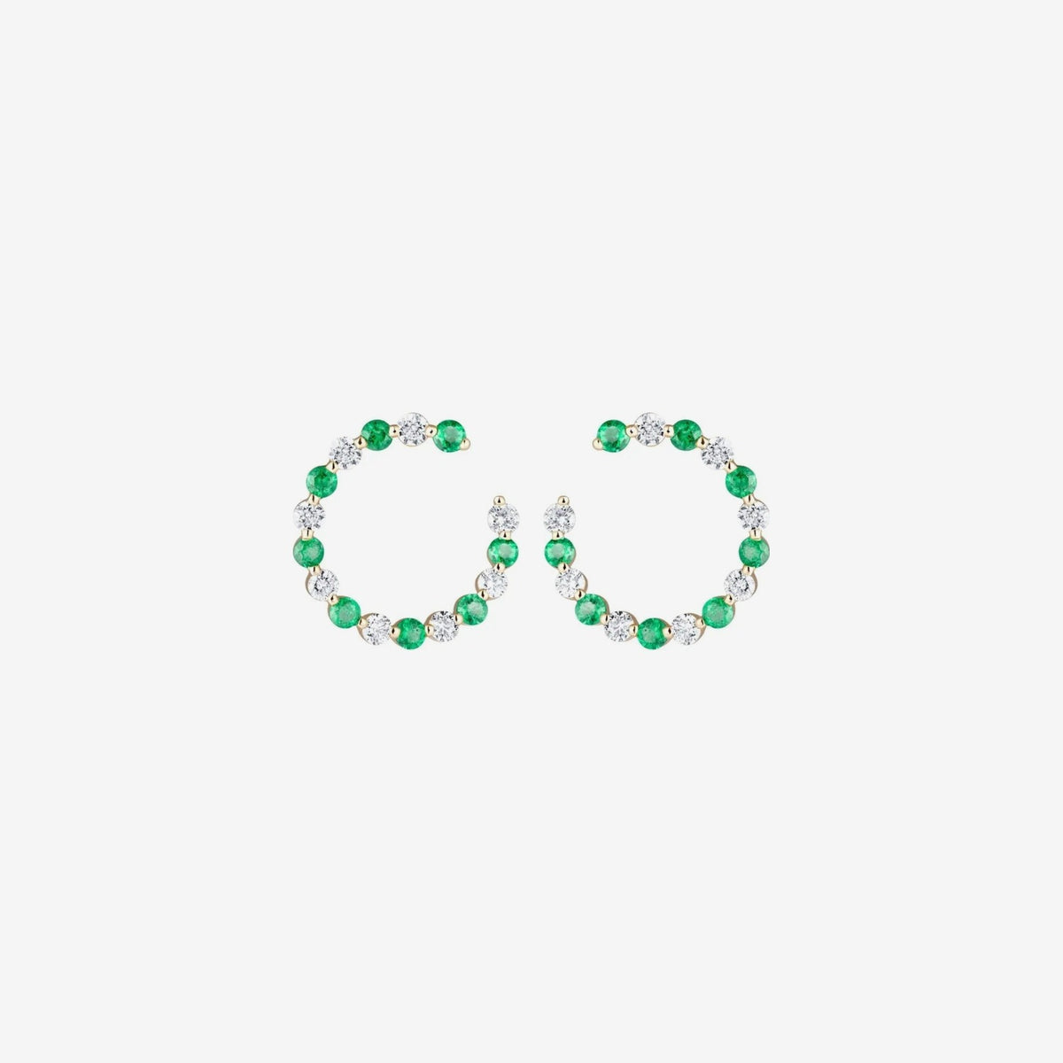 Emerald and Diamond Garland Hoop Earrings in 14K Yellow Gold, gray background | JJ Jewelry Miami