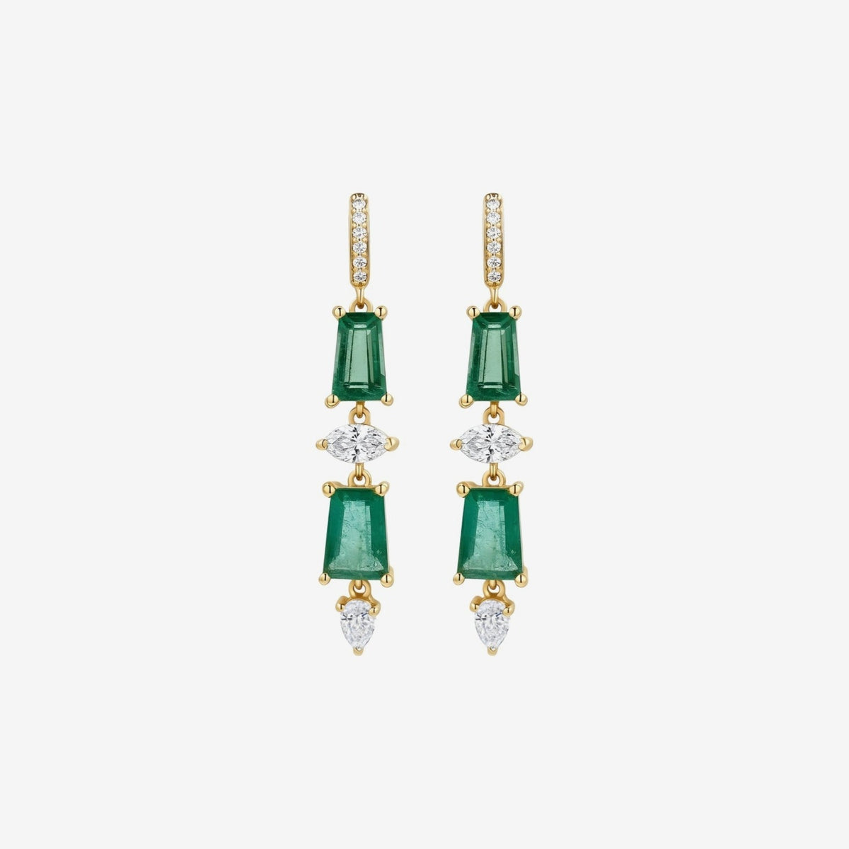 Emerald and Diamond Long Drop Earrings in 18K Yellow Gold | JJ Jewelry Miami