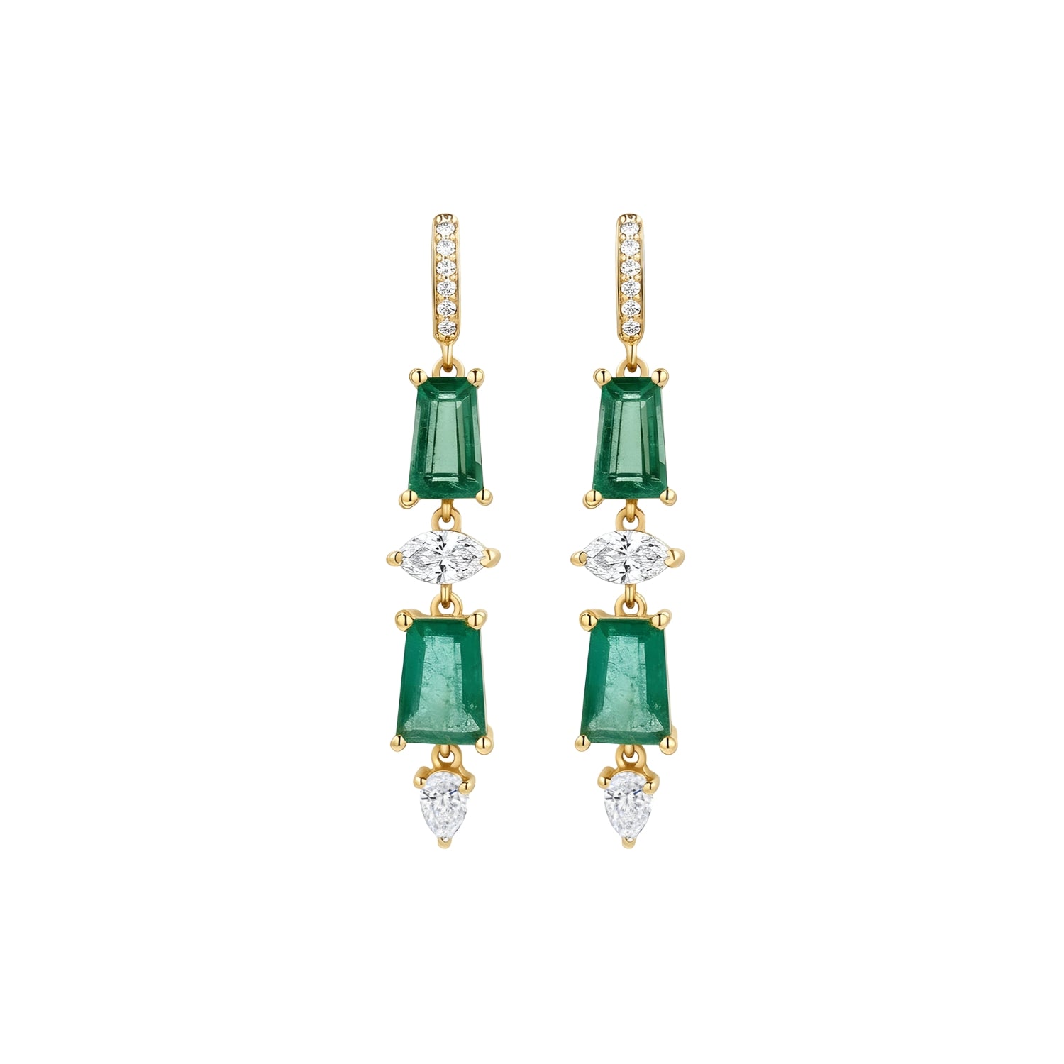 Emerald and Diamond Long Drop Earrings in 18K Yellow Gold
