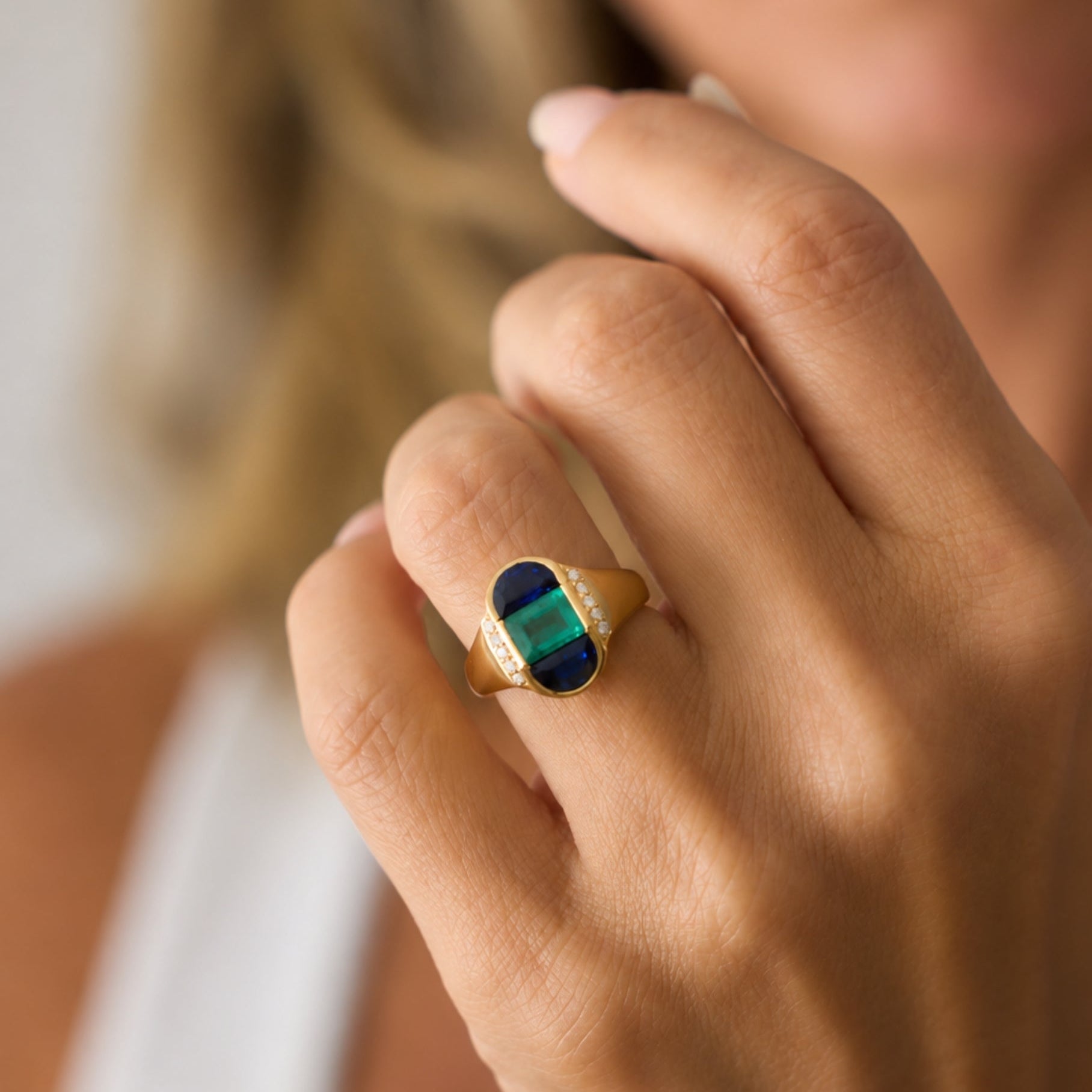 Emerald and Half-Moon Blue Sapphire Ring in 18K Yellow Gold