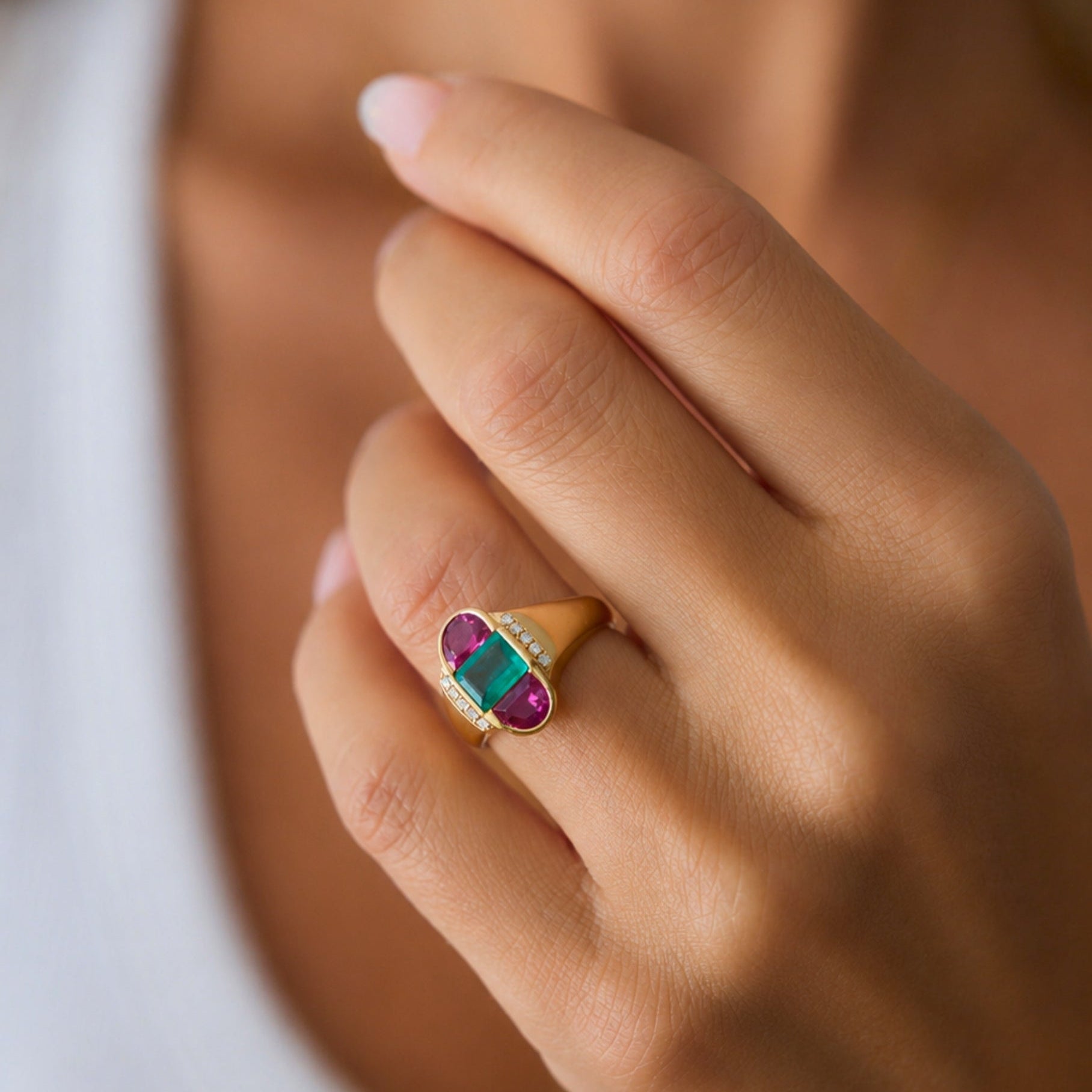 Emerald and Half-Moon Ruby Ring in 18K Yellow Gold