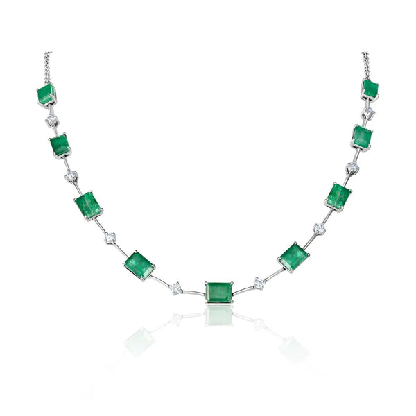 Emerald and Round Diamond Necklace in 18K White Gold | JJ Jewelry Miami