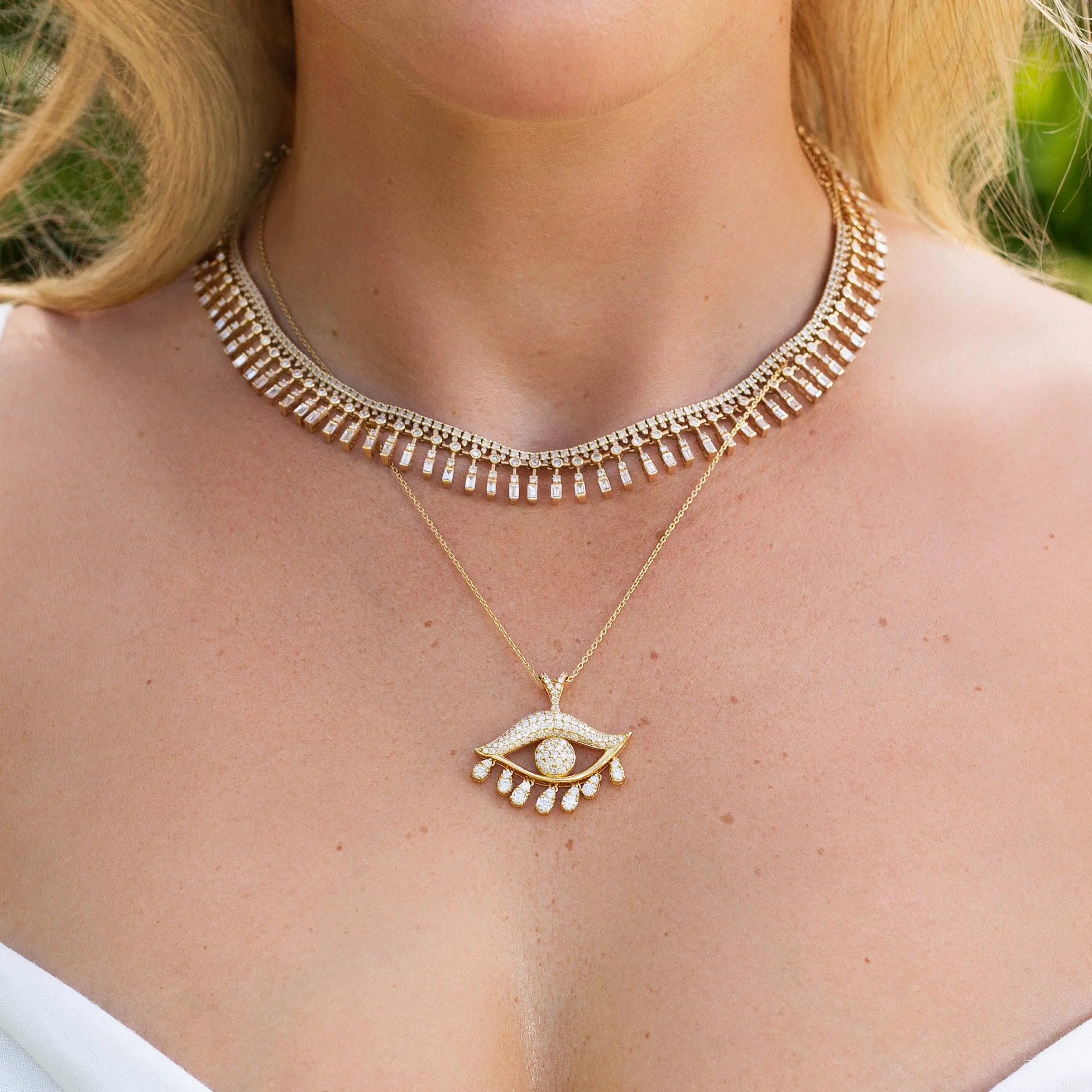 14K yellow gold necklace with bezel-set floating diamonds