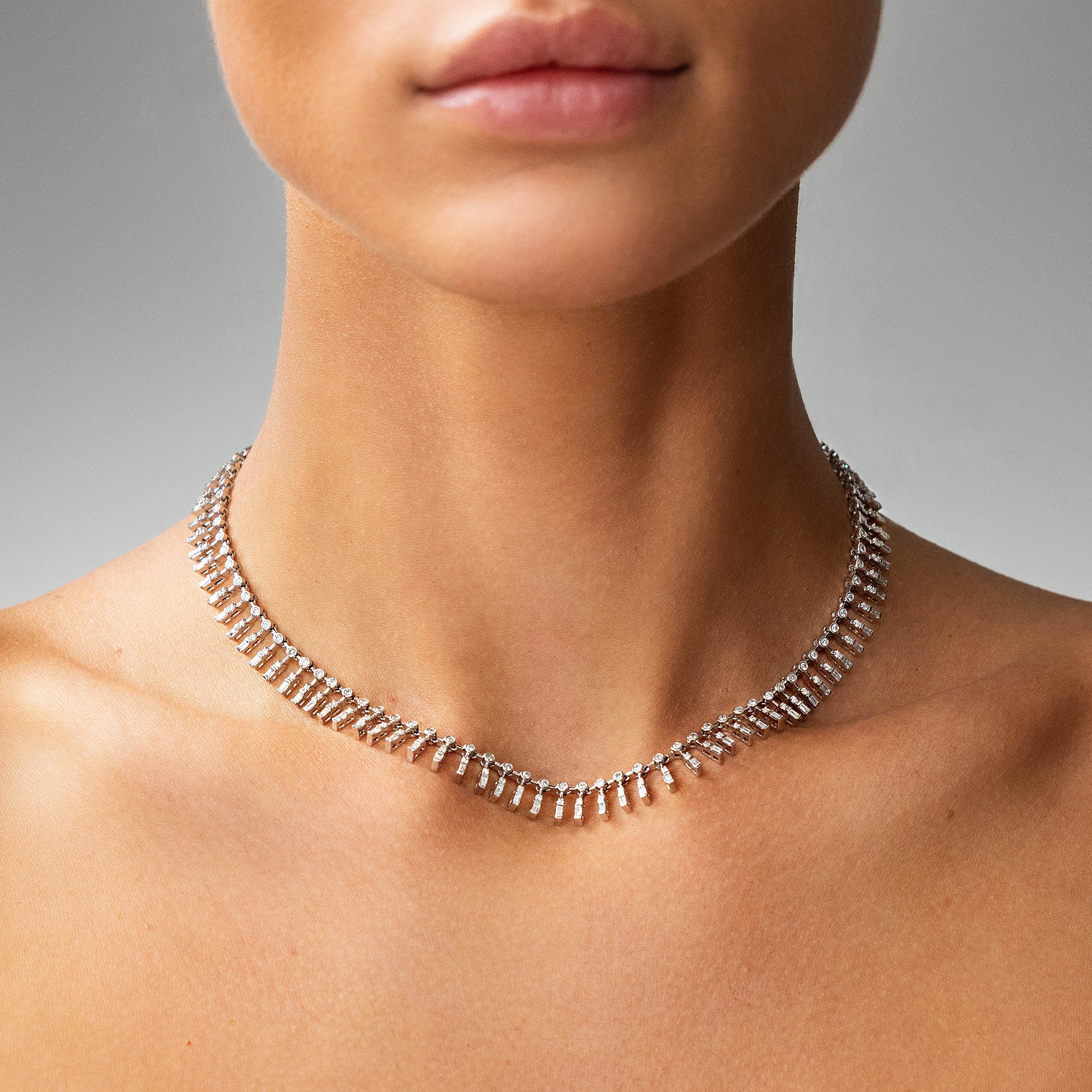 14K white gold necklace with bezel-set floating diamonds