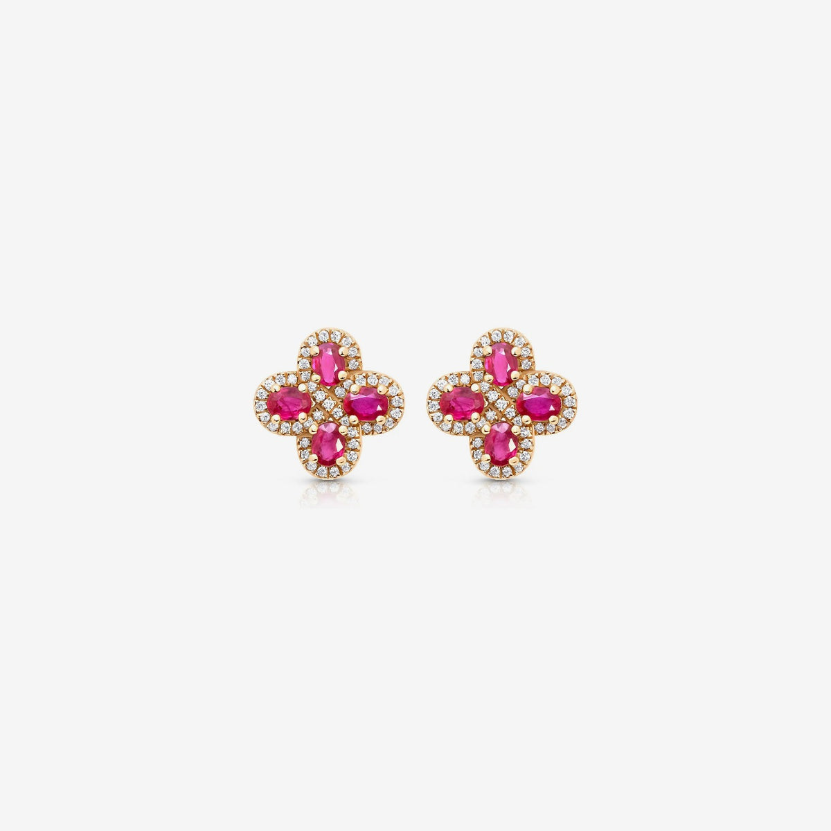 Floral Gemstone Stud Earrings in 14K Rose Gold with Ruby, gray background | JJ Jewelry Miami