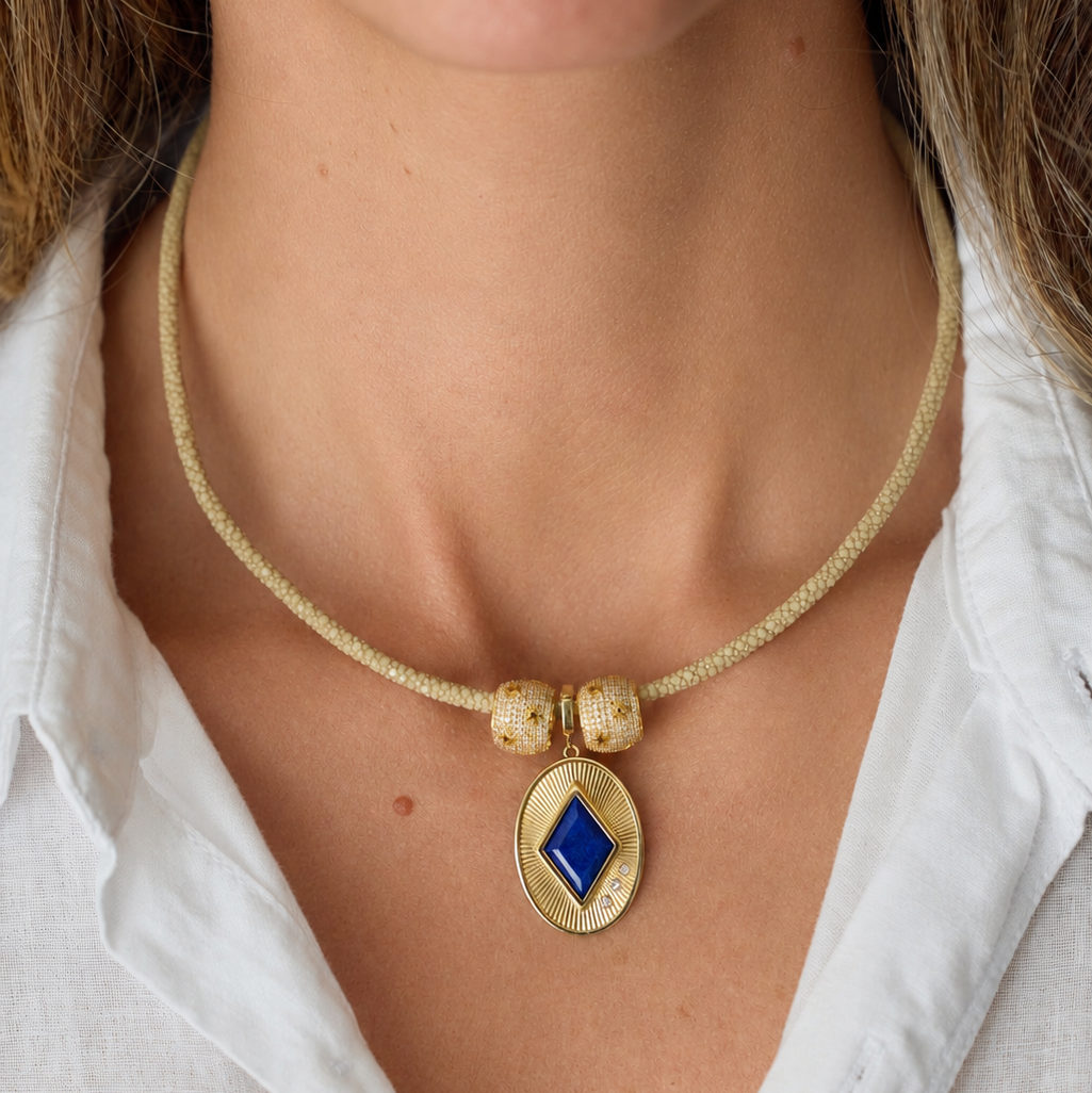 Malachite, Lapis Lazuli & Mother of Pearl Oval Pendant in 18K Yellow Gold, view 7 | JJ Jewelry Miami
