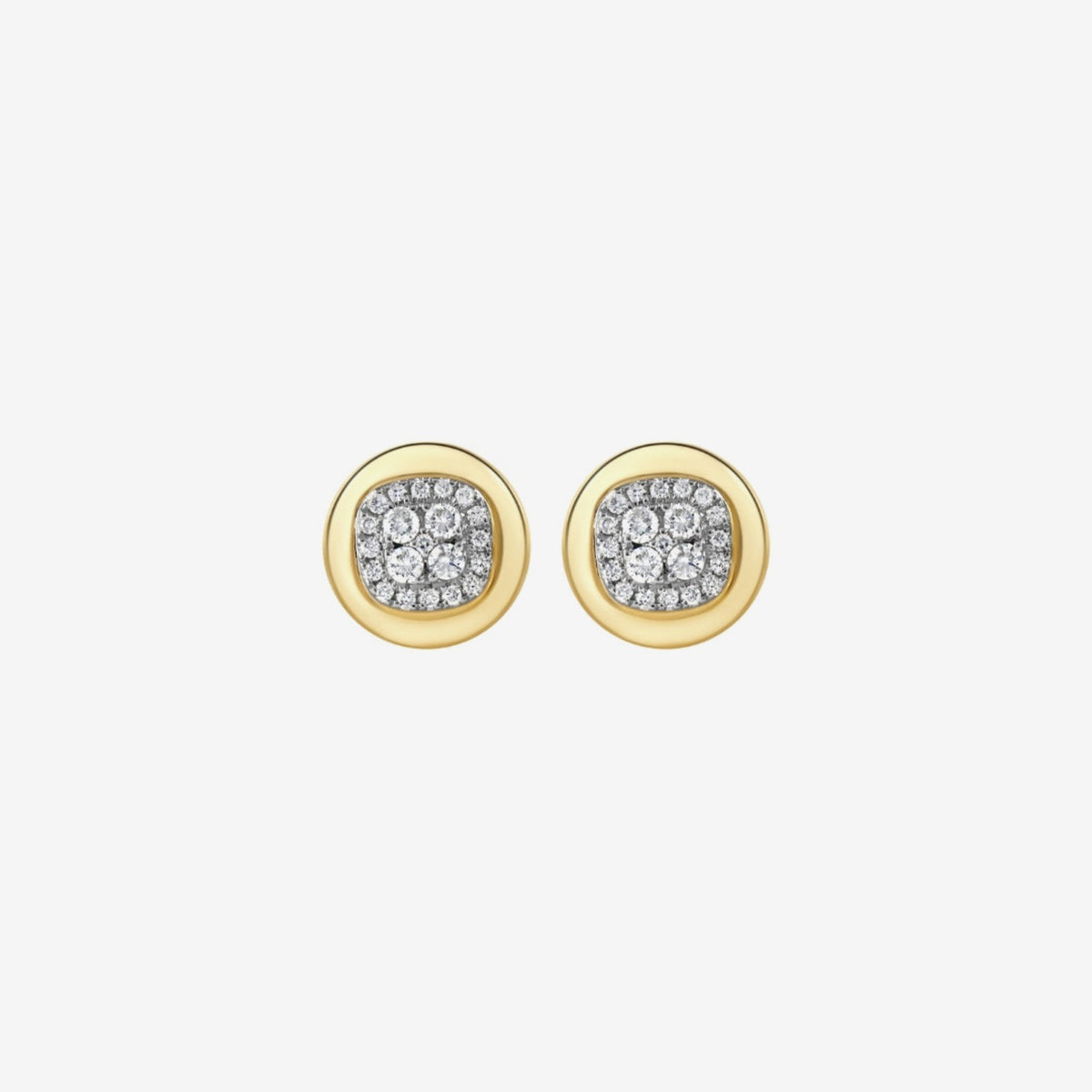 Framed Diamond Stud Earrings in 18K Yellow Gold, view 3, gray background | JJ Jewelry Miami