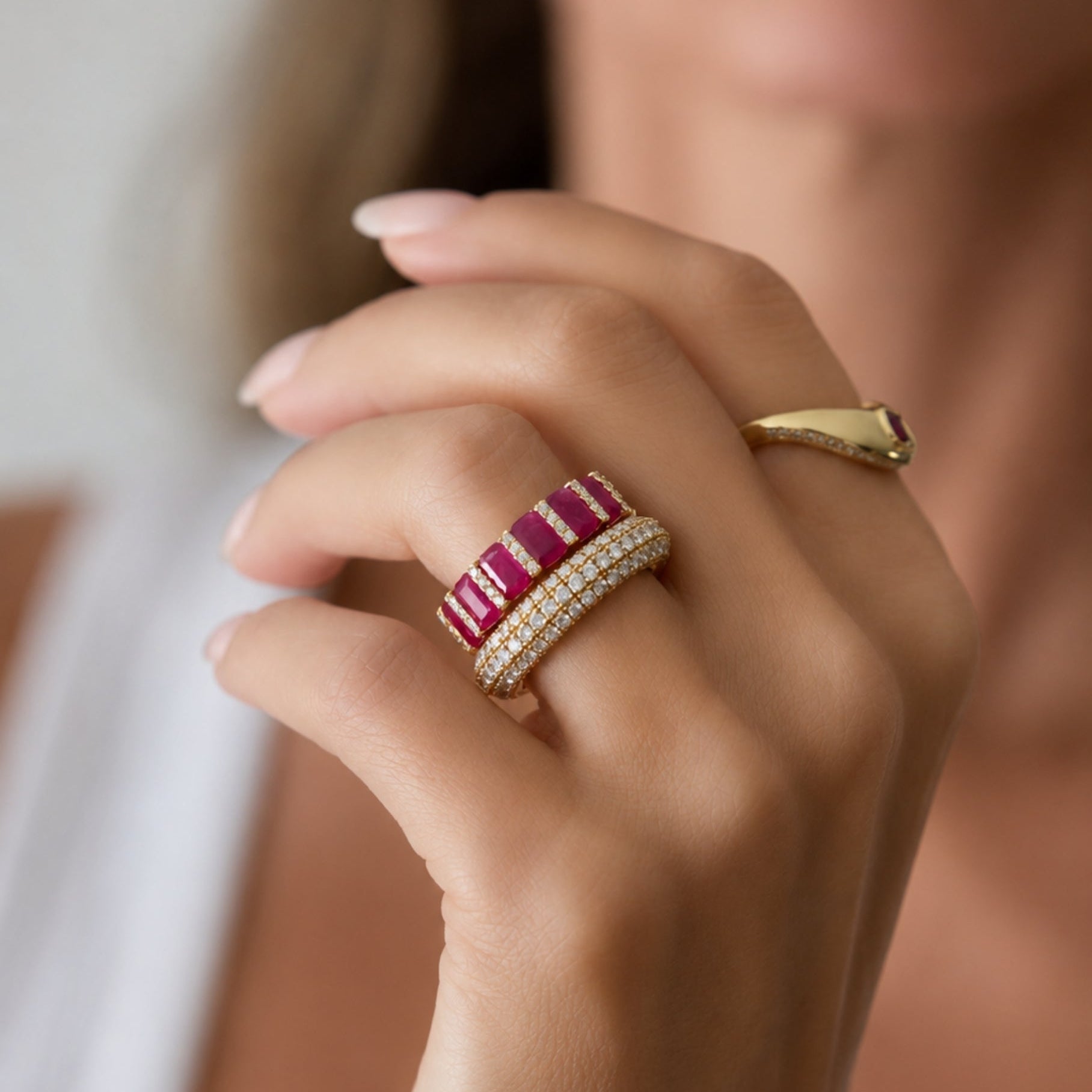 Emerald-Cut Ruby and Diamond Eternity Band in 18K Yellow Gold