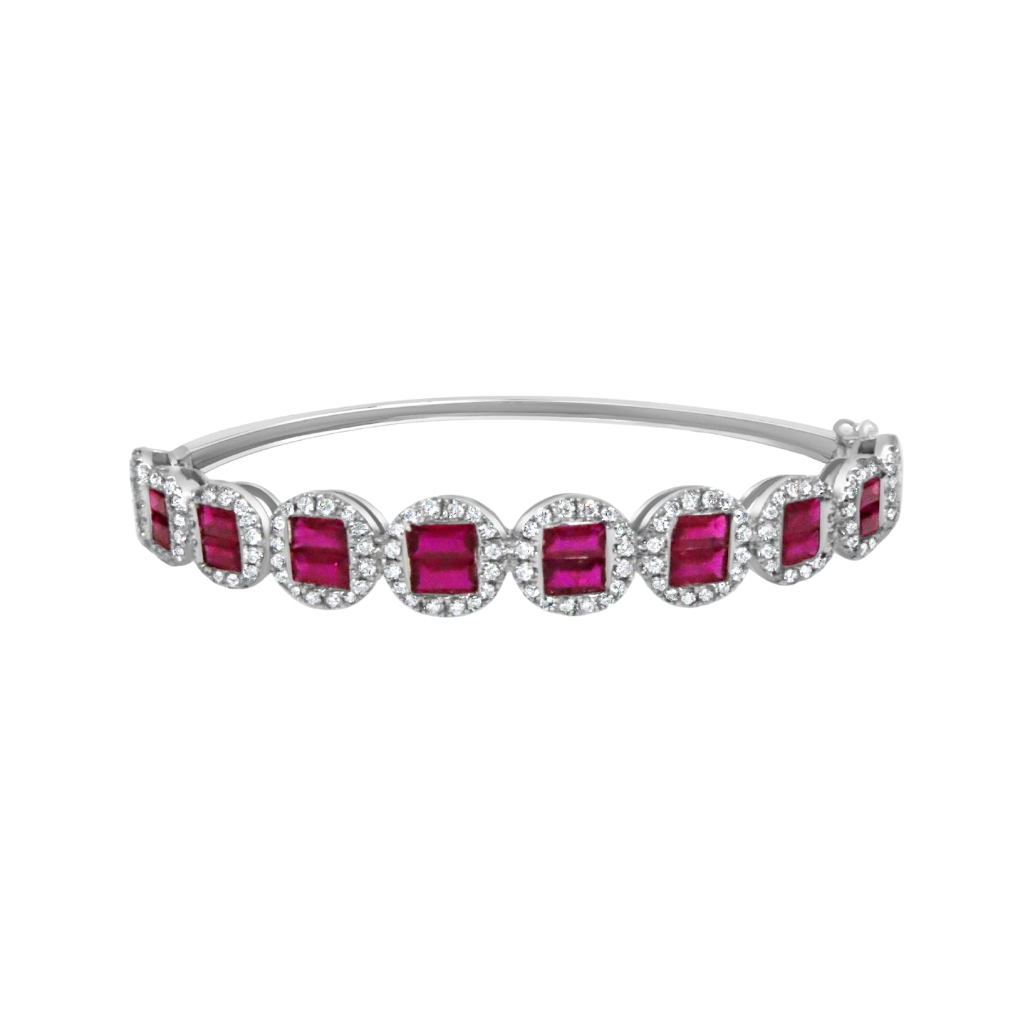 Ruby and diamond halo bangle bracelet in 18K white gold | JJ Jewelry